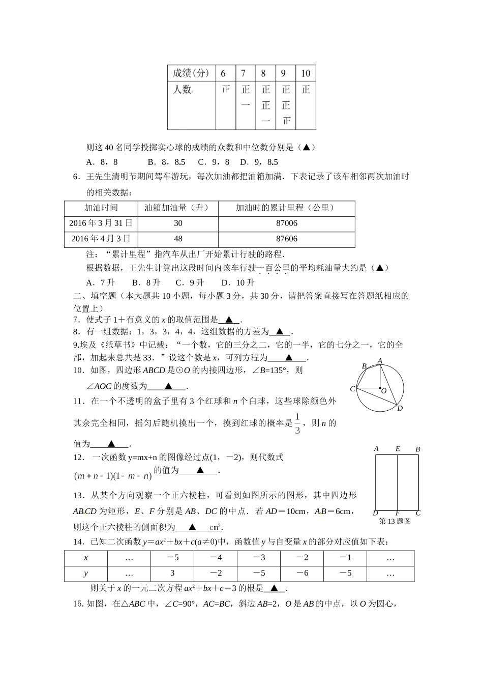 泰州附中2016九年级二模数学试题2 _第2页