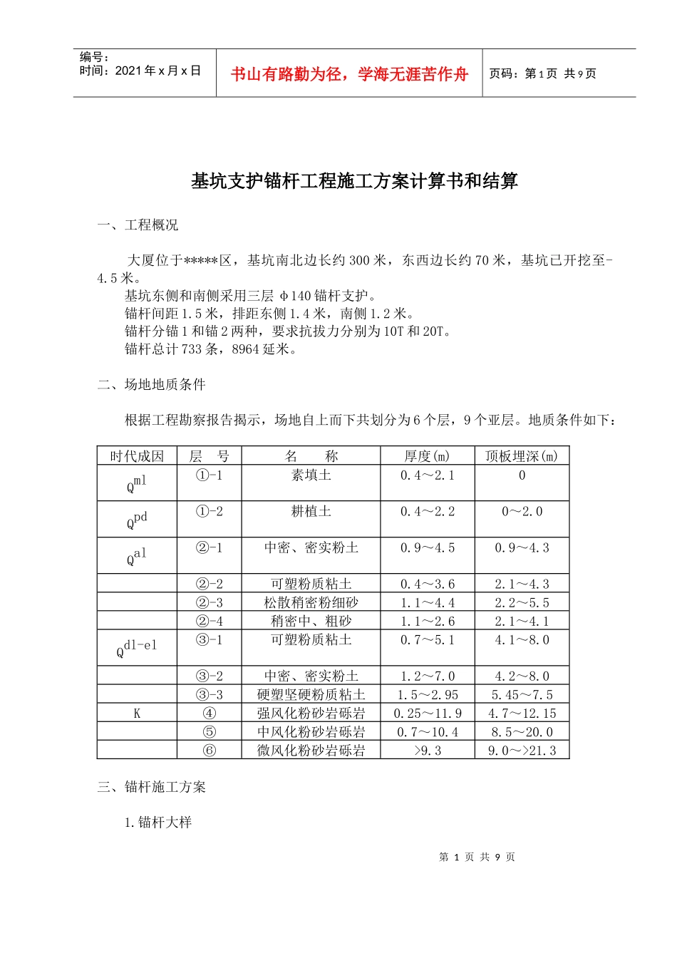 基坑支护锚杆工程施工方案计算书和结算doc9)(1)_第1页