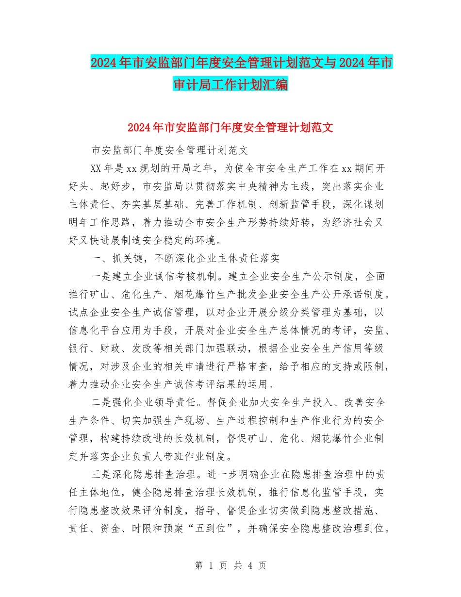 2024年市安监部门年度安全管理计划范文与2024年市审计局工作计划汇编_第1页