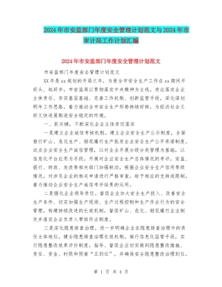 2024年市安监部门年度安全管理计划范文与2024年市审计局工作计划汇编