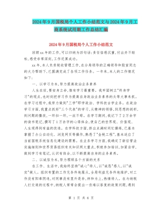 2024年9月国税局个人工作小结范文与2024年9月工商系统试用期工作总结汇编