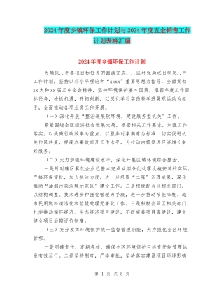 2024年度乡镇环保工作计划与2024年度五金销售工作计划表格汇编