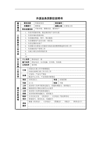 外派业务员岗位说明书