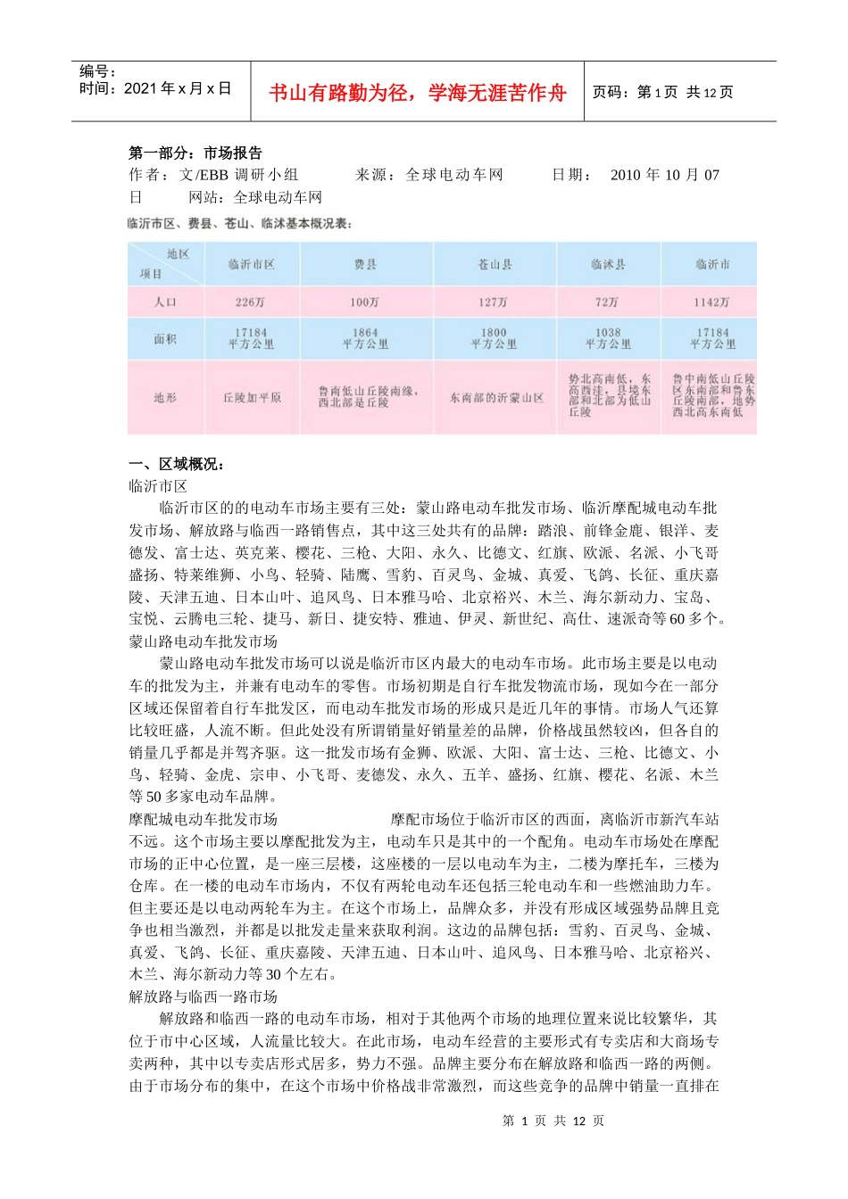 XXXX临沂电动车市场调研报_第1页