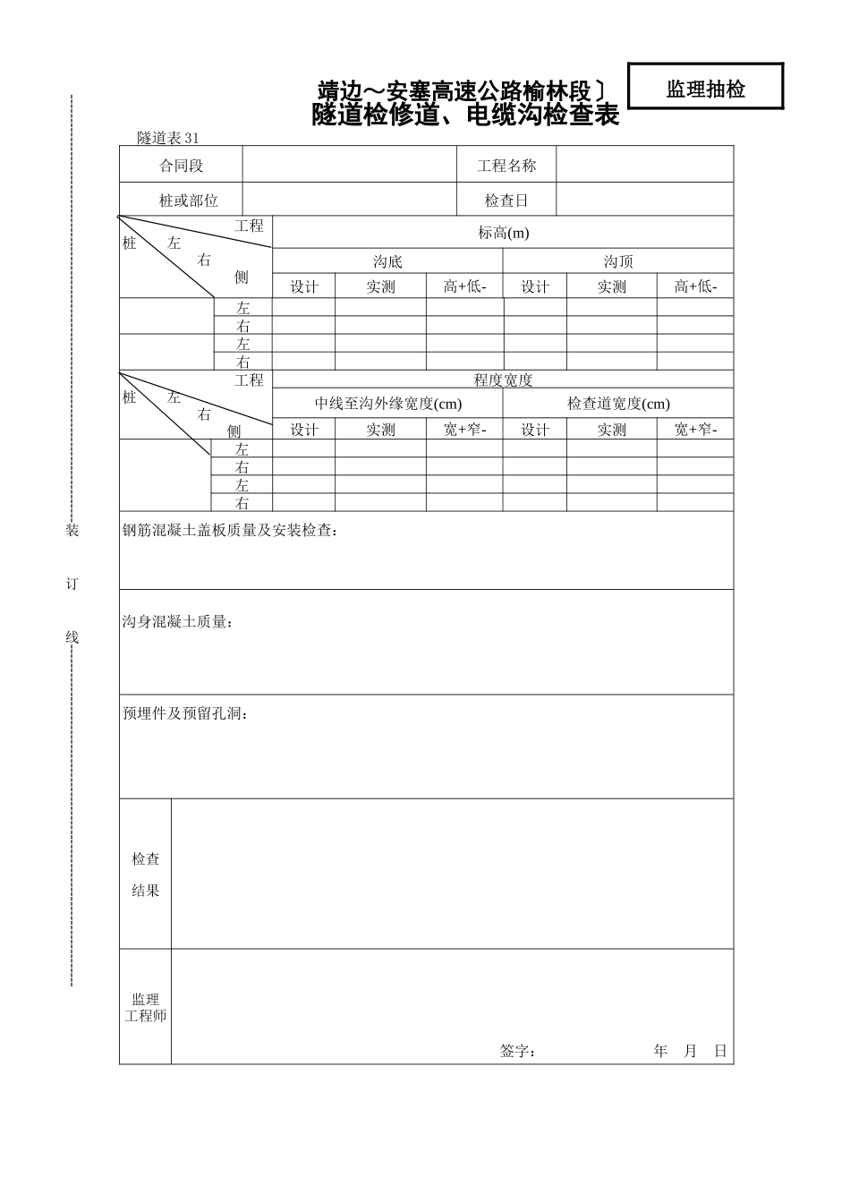 隧道检修道电缆沟检查表_第1页