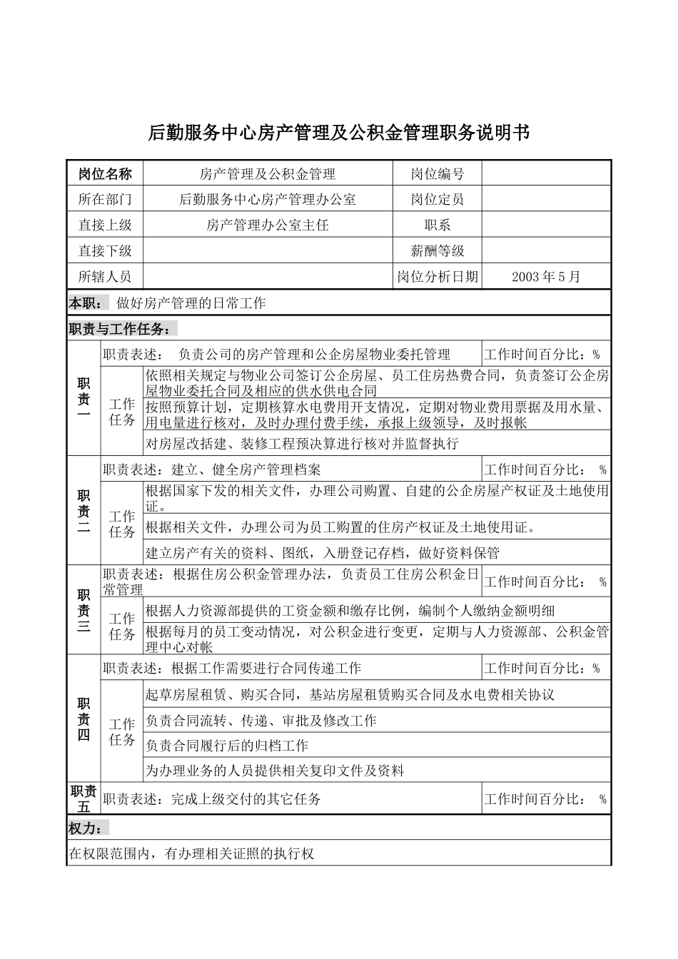 后勤服务中心房产管理及公积金管理职务说明书_第1页