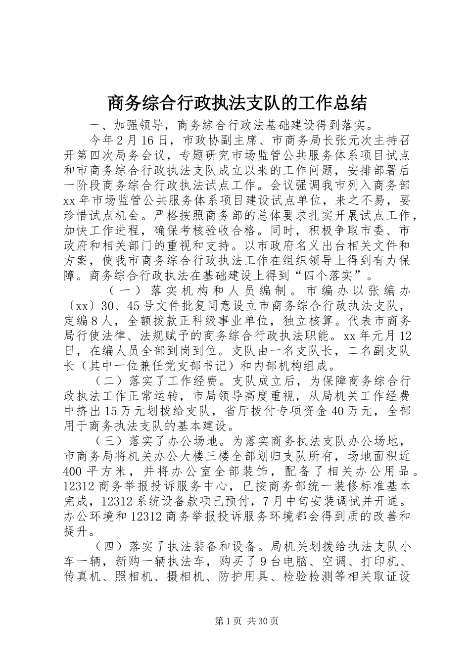 商务综合行政执法支队的工作总结_第1页