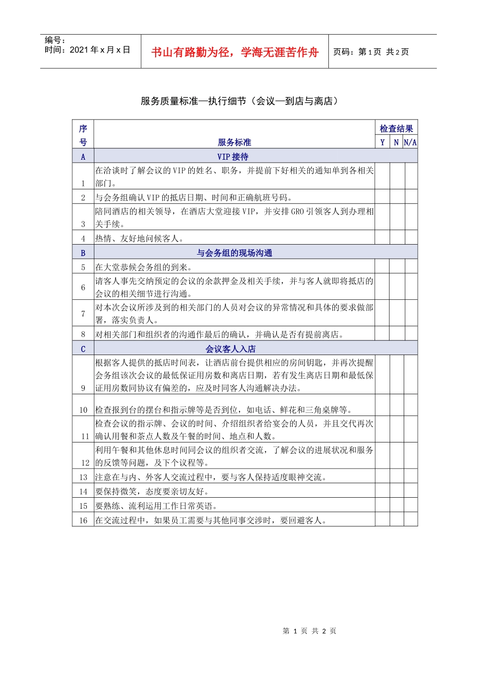 会议-到店与离店服务质量检查表_第1页
