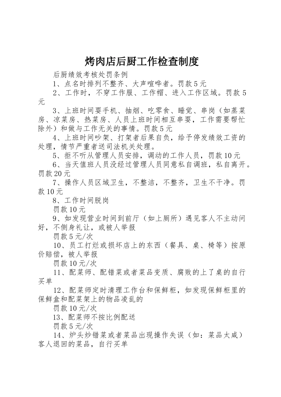 烤肉店后厨工作检查规章制度 _第1页