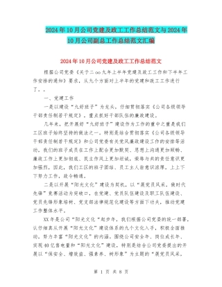 2024年10月公司党建及政工工作总结范文与2024年10月公司副总工作总结范文汇编