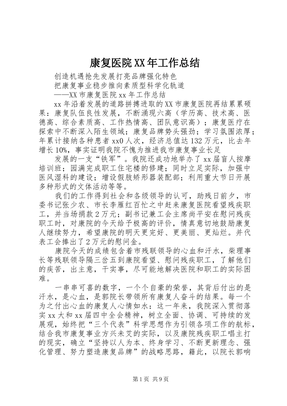 康复医院XX年工作总结_第1页