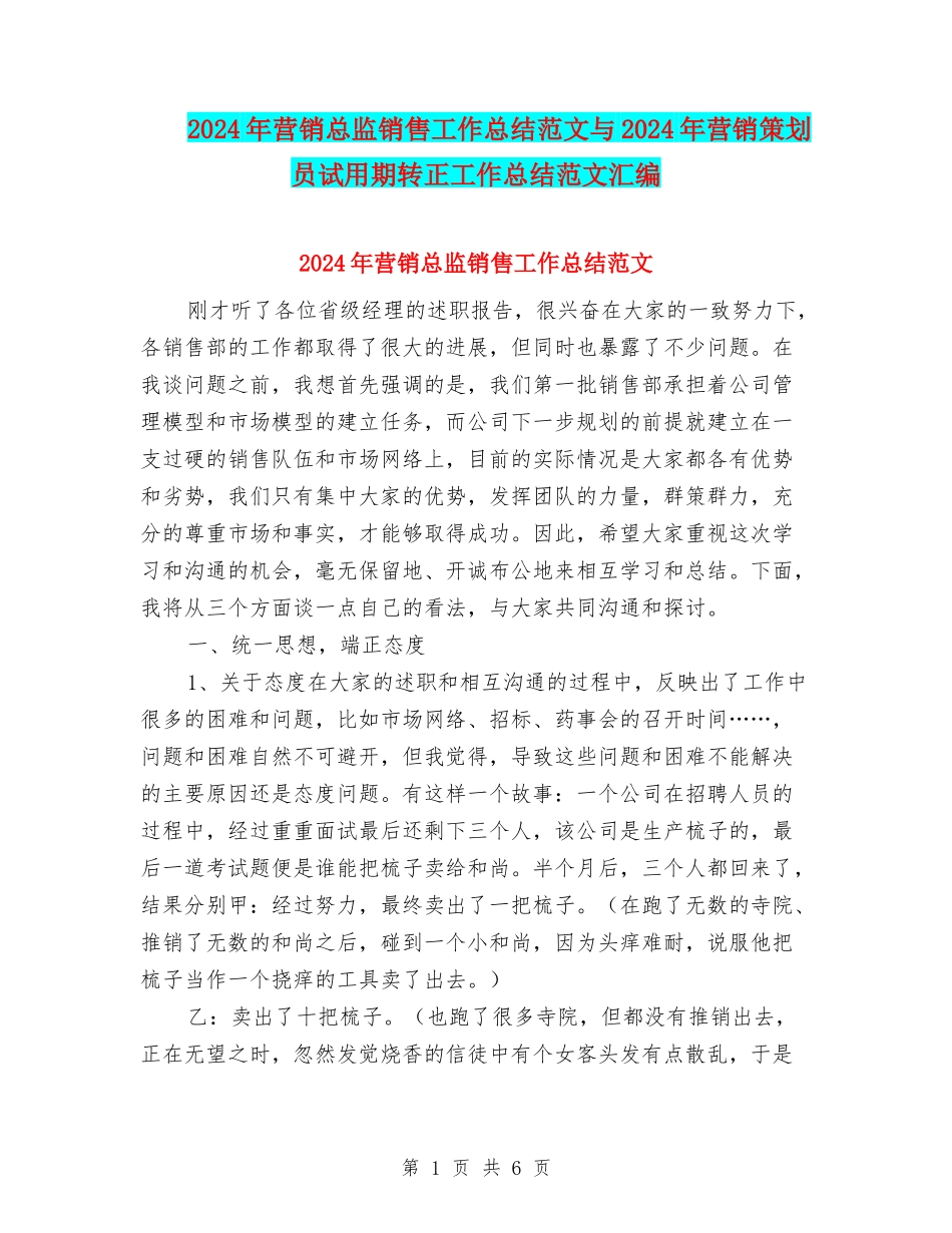 2024年营销总监销售工作总结范文与2024年营销策划员试用期转正工作总结范文汇编_第1页