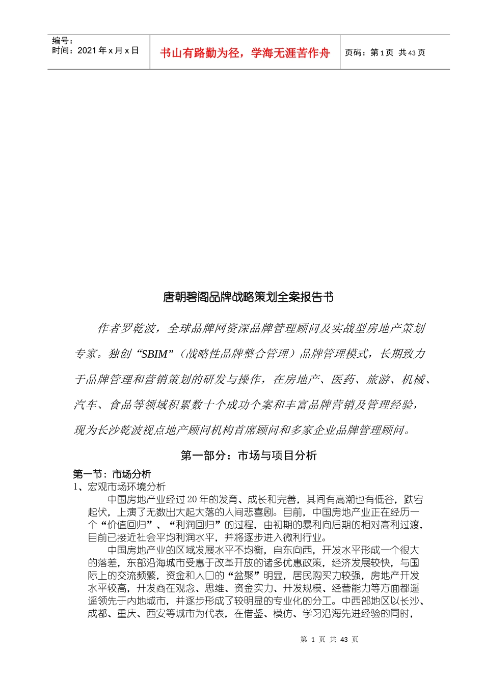 唐朝碧阁品牌营销战略策划全案报告书_第1页