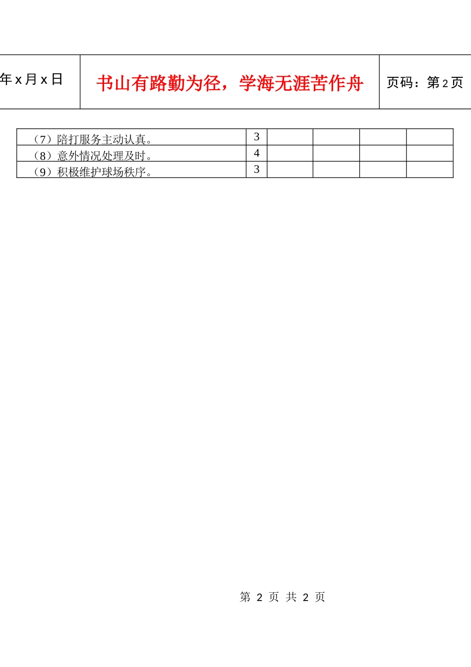 壁球服务质量检查评分表(总分62分)_第2页