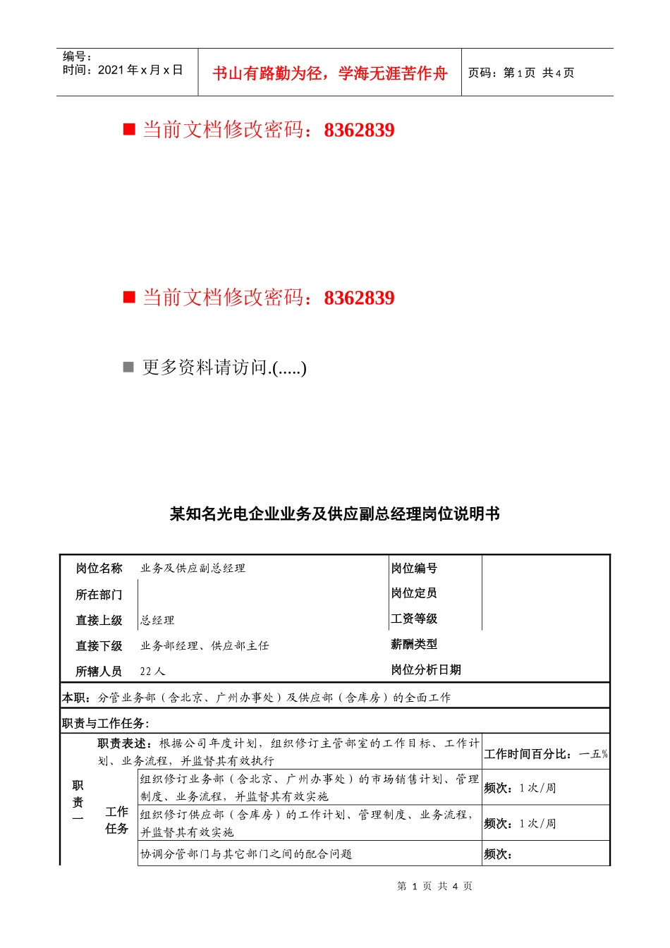 光电企业业务及供应副总经理岗位职责_第1页