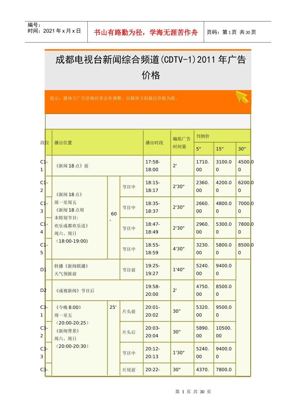 成都电视台CDTV1 至CDTV6 XXXX年刊例价 广告价目表_第1页