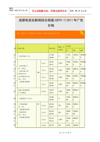 成都电视台CDTV1 至CDTV6 XXXX年刊例价 广告价目表