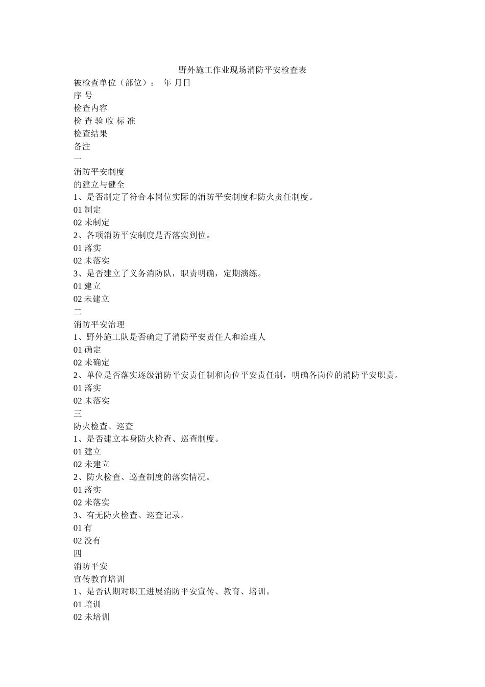 野外施ۥ工作业现场消防安全检查表精选 _第1页