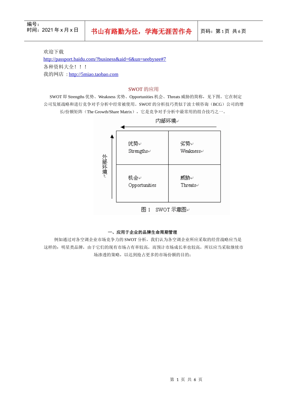 市场营销-SWOT 分析应用_第1页