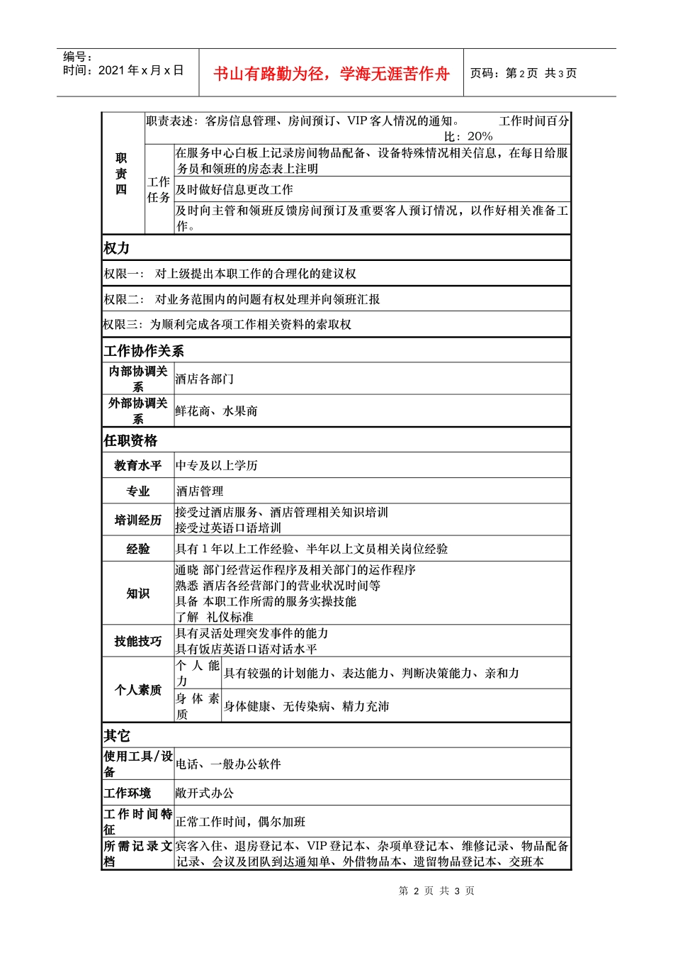 客房服务中心文员岗位说明书_第2页
