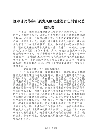 区审计局落实开展党风廉政建设责任制情况总结报告