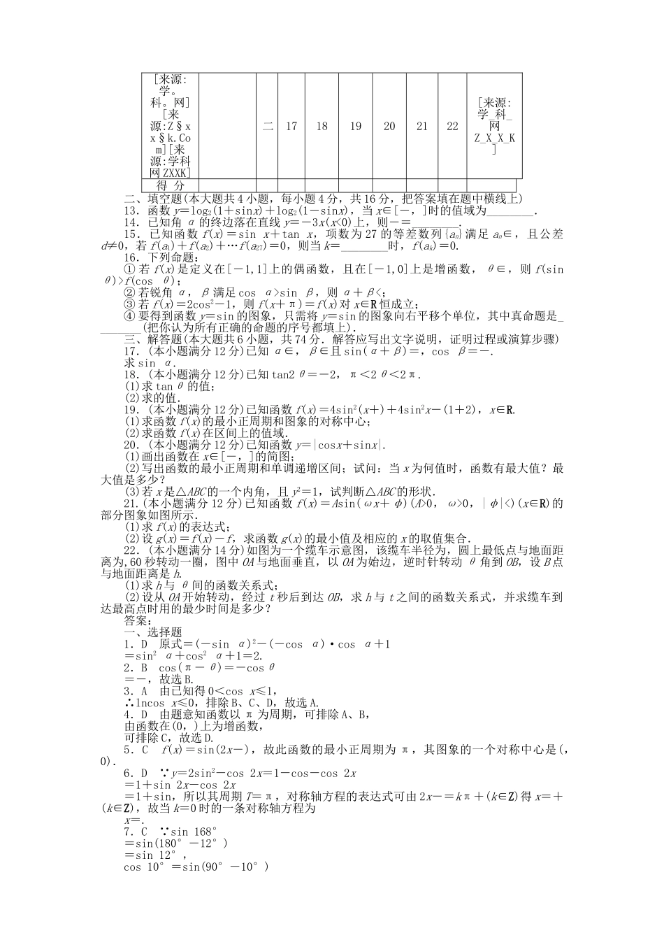 四川省2011届高考数学总复习配套测评卷三角函数－章末质量检测4 新人教版 _第2页