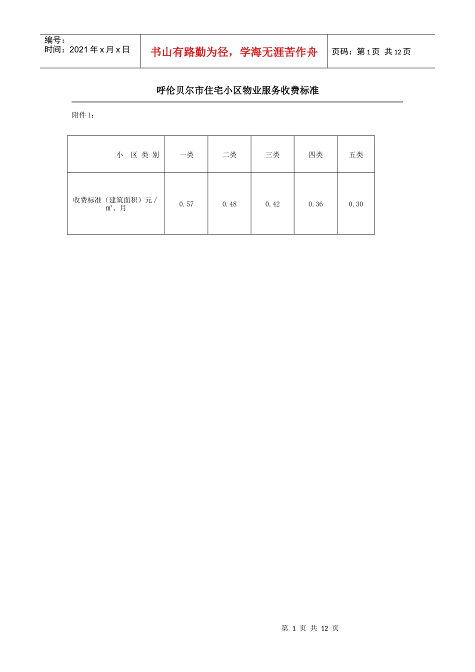 呼伦贝尔市住宅小区物业服务收费标准_第1页