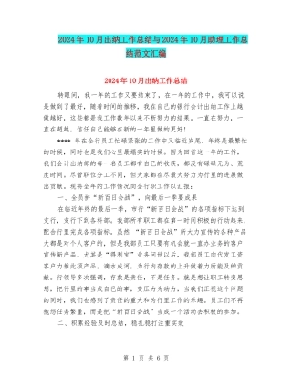 2024年10月出纳工作总结与2024年10月助理工作总结范文汇编