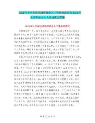 2024年上半年技术辅导员个人工作总结范文与2024年上半年护士个人总结范文汇编