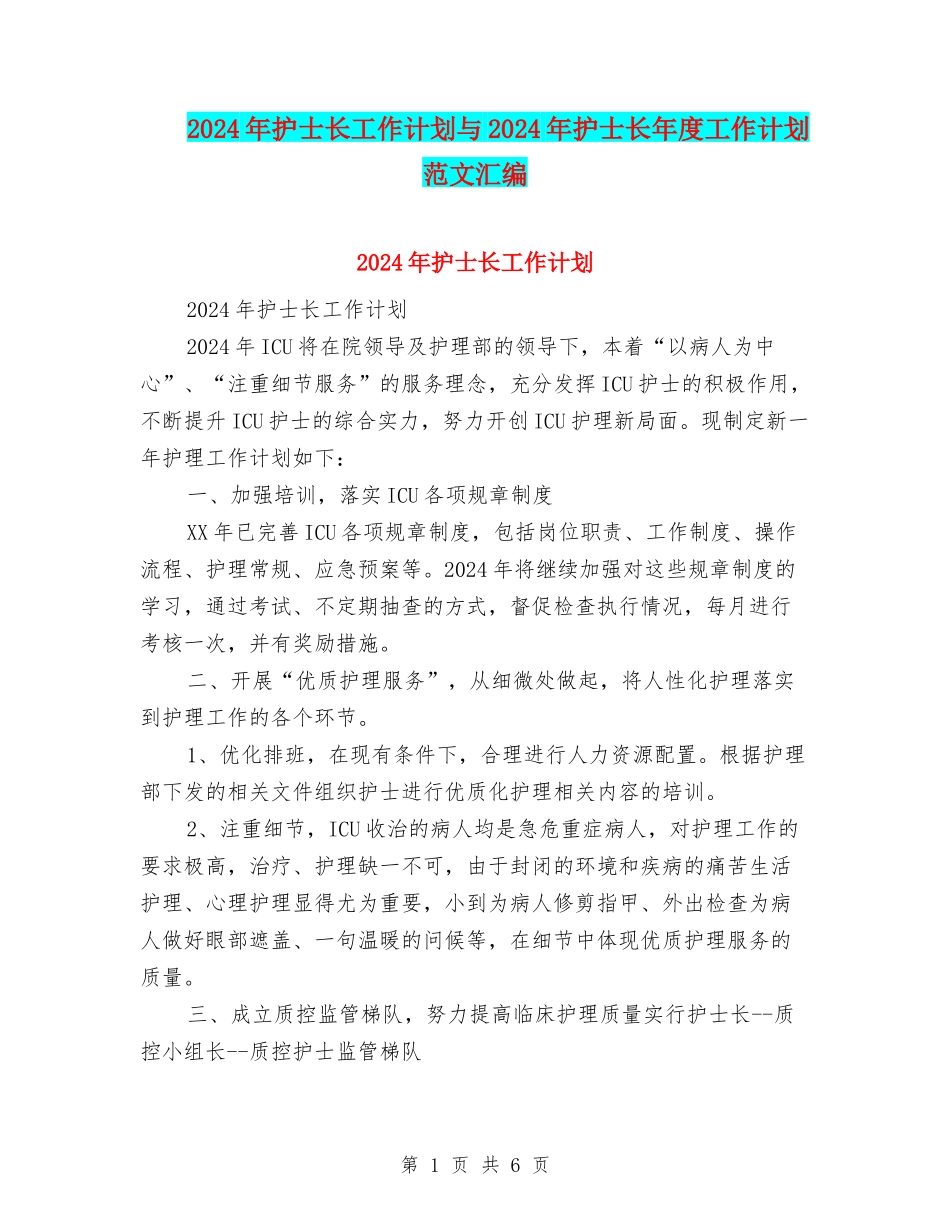 2024年护士长工作计划与2024年护士长年度工作计划范文汇编_第1页