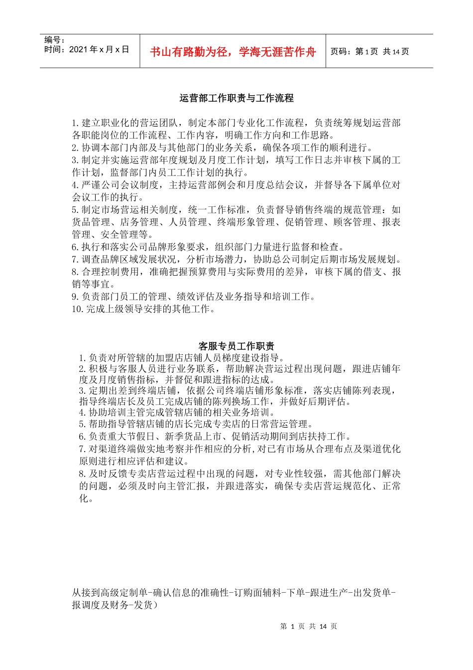 市场部 店铺运营部 仓管 督导部门工作职责 运营流程及考核方案_第1页