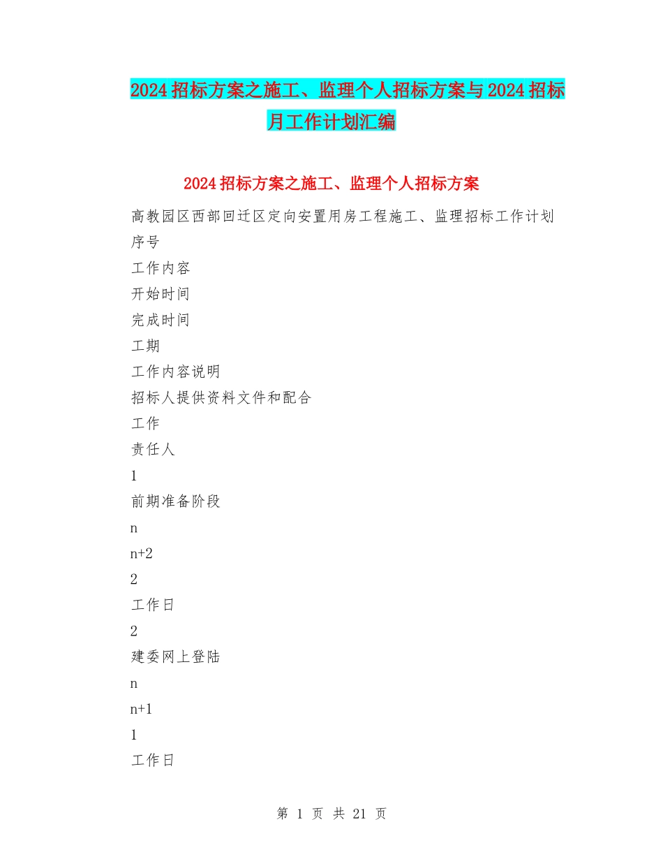 2024招标方案之施工、监理个人招标方案与2024招标月工作计划汇编_第1页
