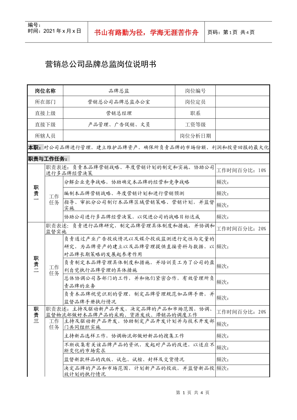 制鞋企业营销总公司品牌总监岗位说明书_第1页