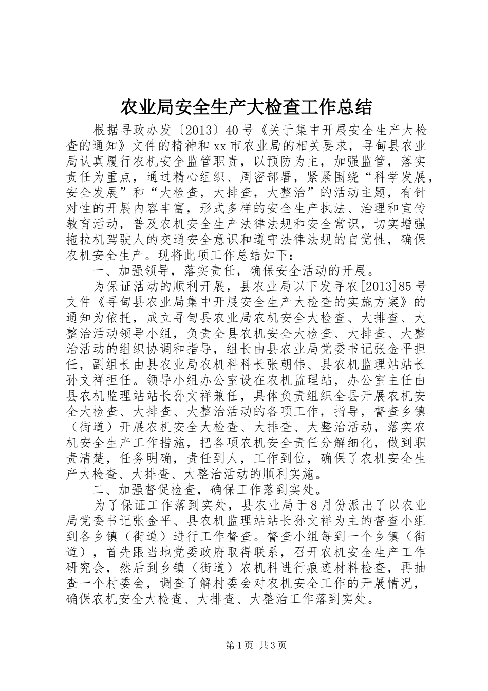 农业局安全生产大检查工作总结_第1页