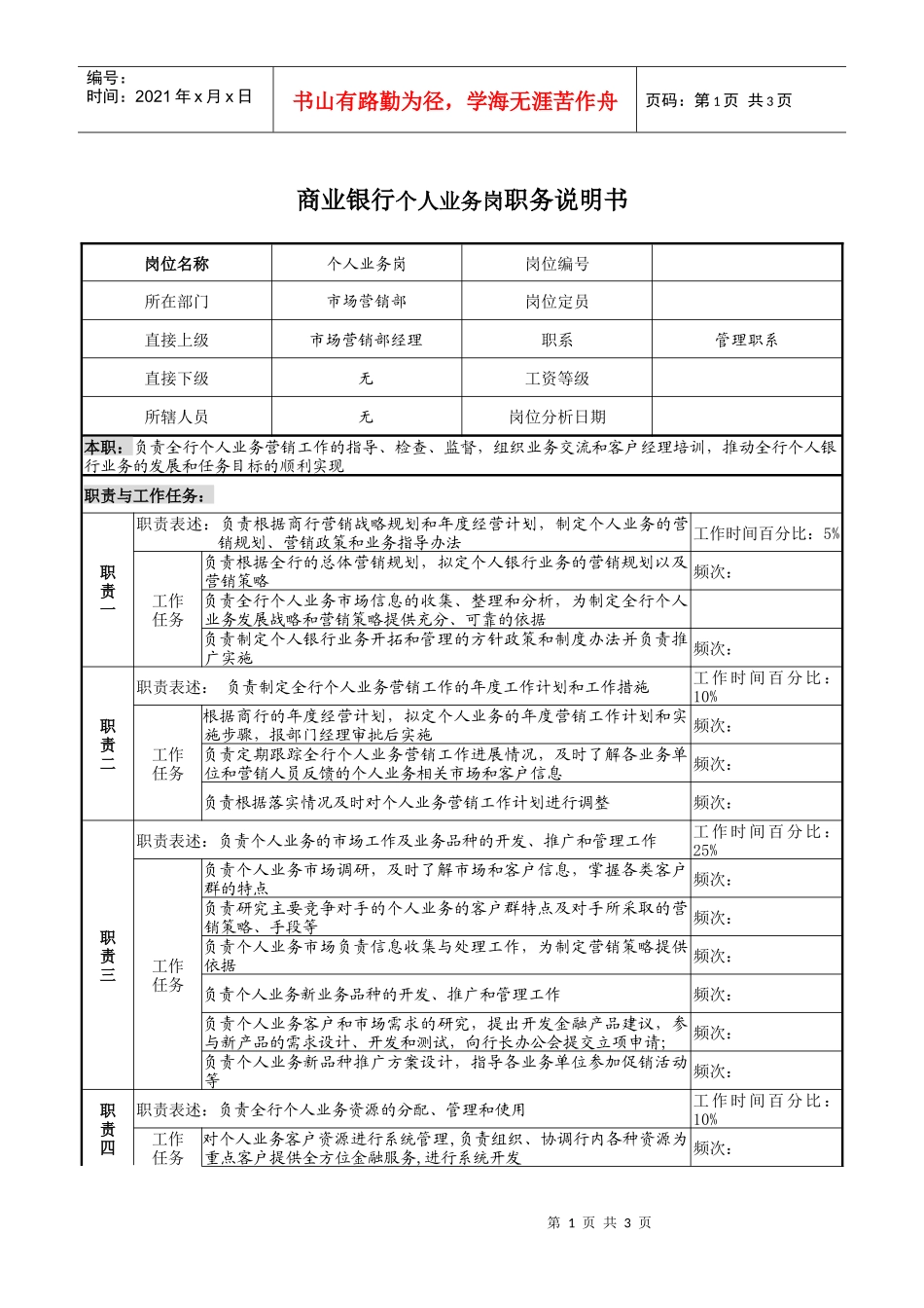商业银行个人业务岗职务说明书_第1页