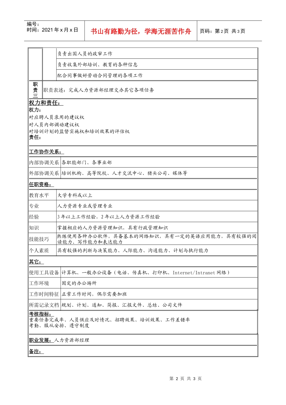 【服务管理】人力资源部招聘与培训专员岗位说明书_第2页