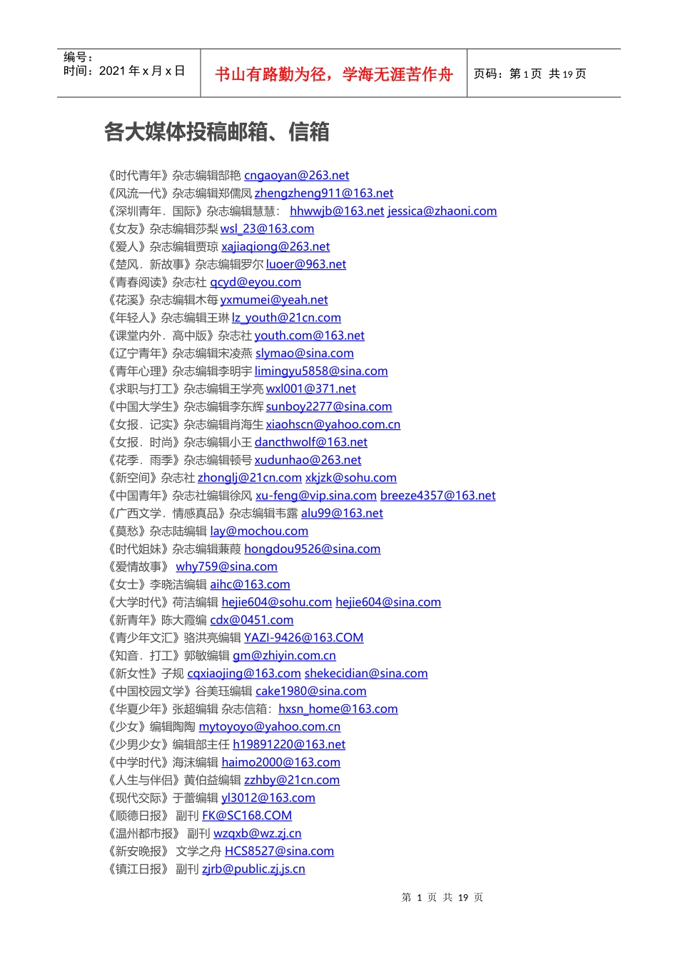 各大媒体杂志投稿邮箱_第1页