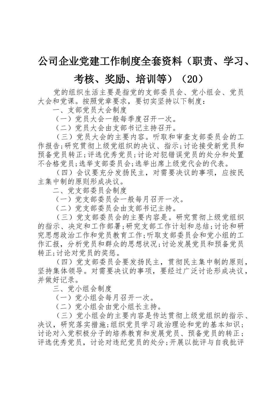 公司企业党建工作规章制度全套资料（职责要求、学习、考核、奖励、培训等）（20）_第1页