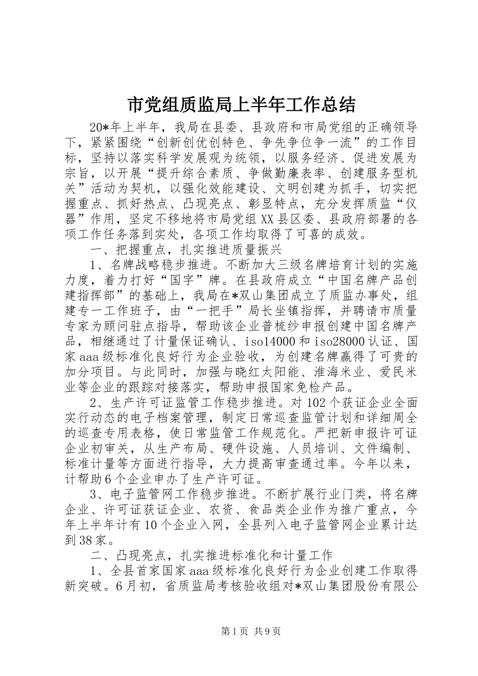 市党组质监局上半年工作总结_第1页