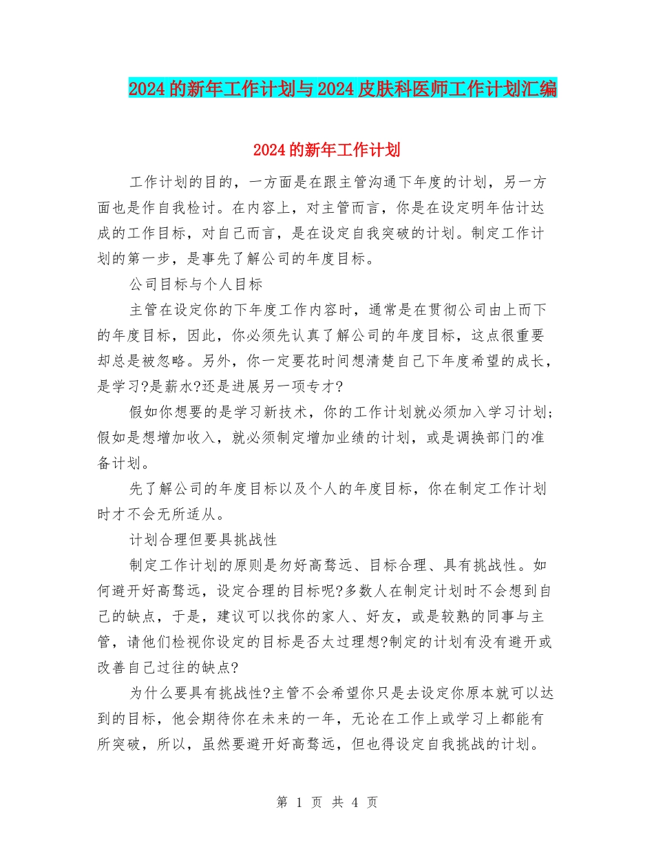 2024的新年工作计划与2024皮肤科医师工作计划汇编_第1页