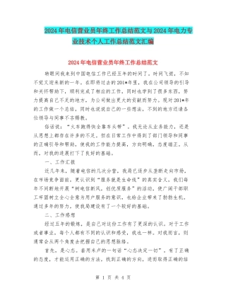2024年电信营业员年终工作总结范文与2024年电力专业技术个人工作总结范文汇编