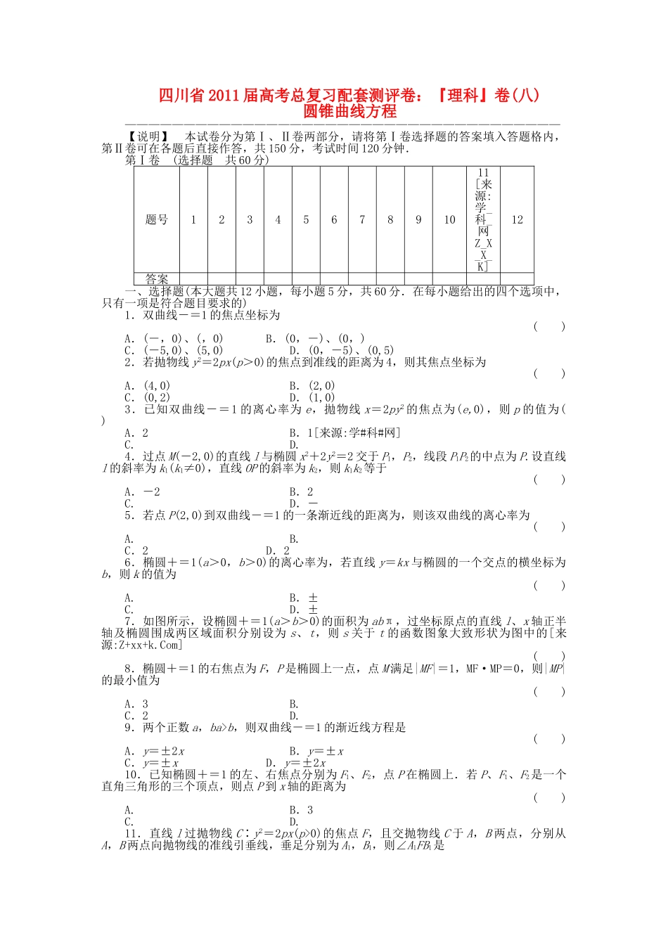 四川省2011届高考数学总复习配套测评卷圆锥曲线方程－章末质量检测8 新人教版 _第1页