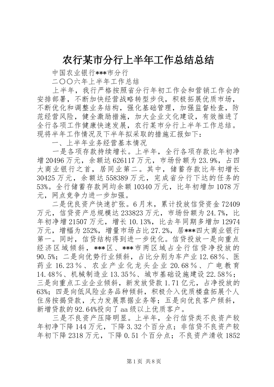 农行某市分行上半年工作总结总结_第1页