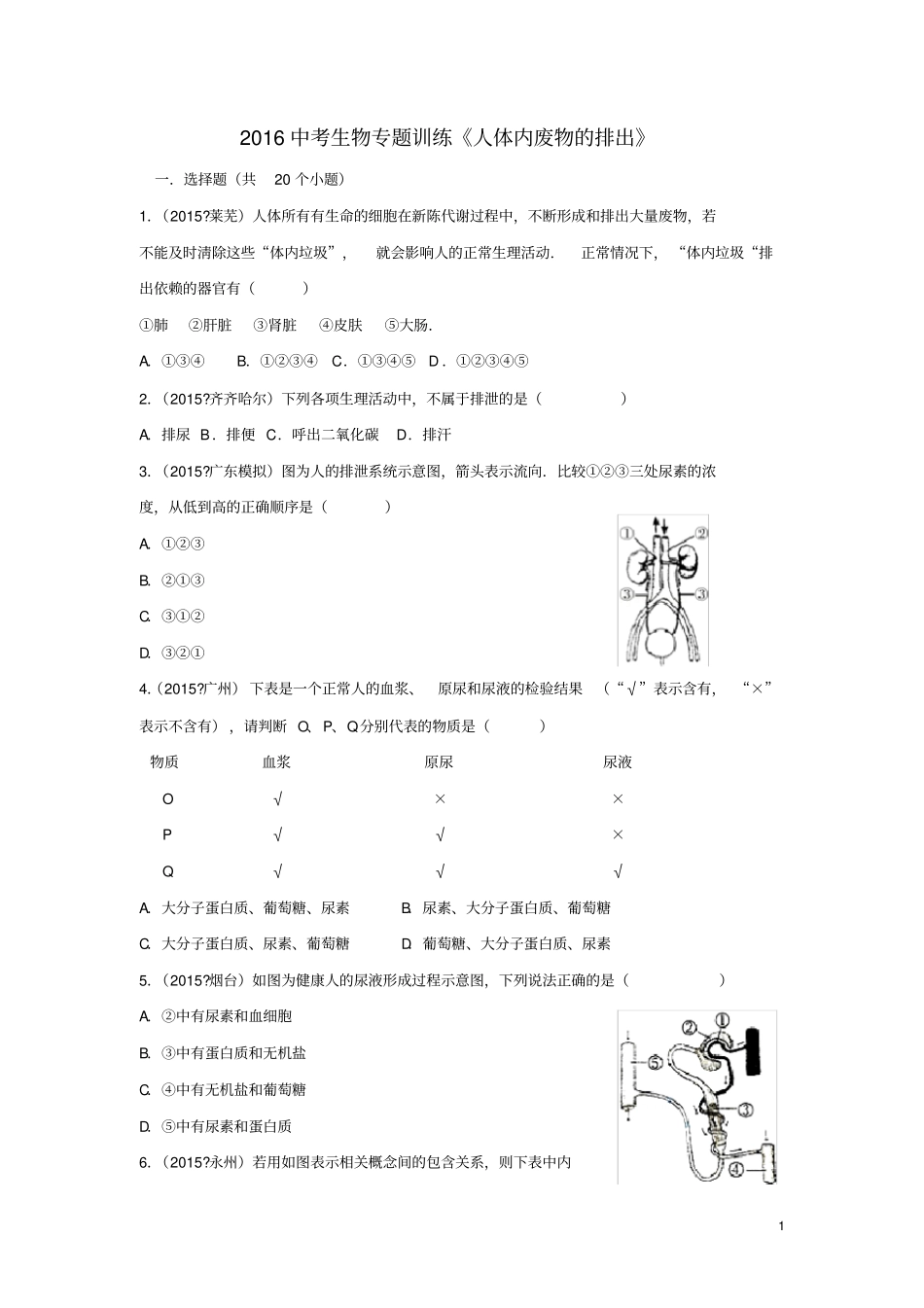 中考生物专题训练《人体内废物的排出》_第1页