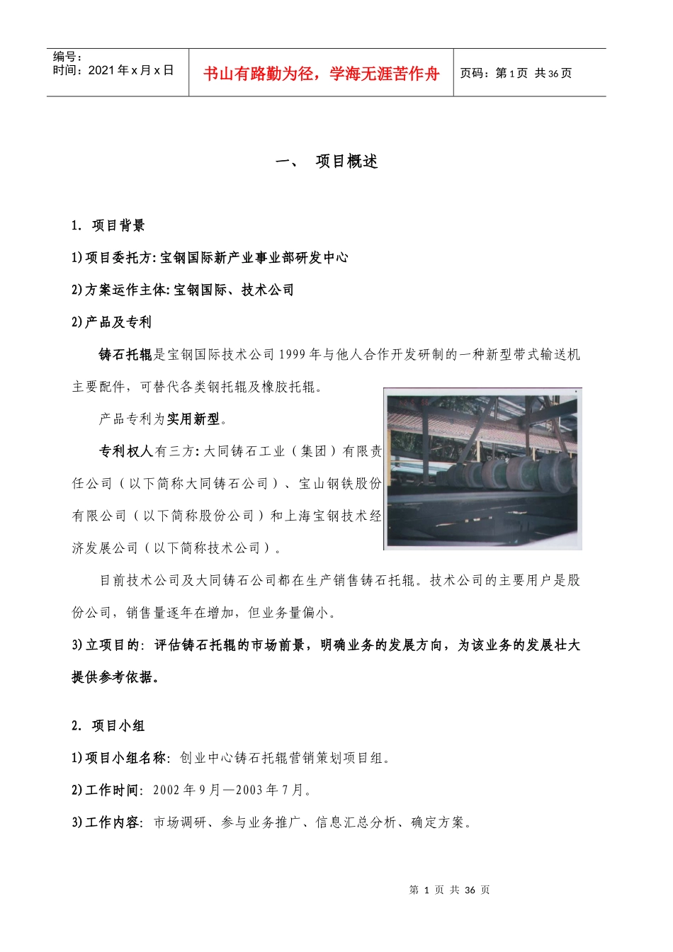 宝钢国际创业中心铸石托辊营销策划方案--tq3160490_第1页