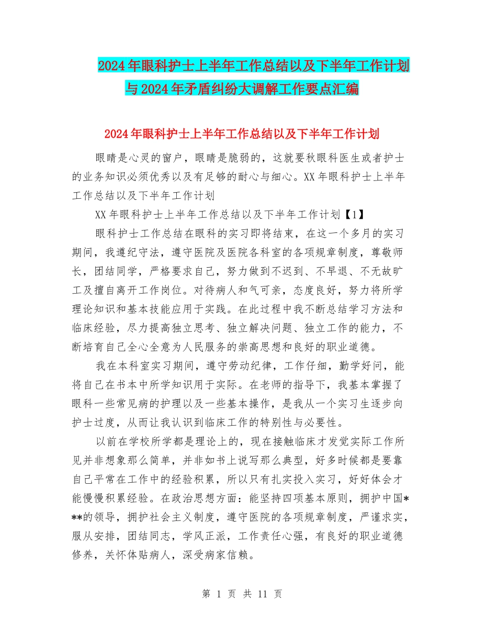 2024年眼科护士上半年工作总结以及下半年工作计划与2024年矛盾纠纷大调解工作要点汇编_第1页