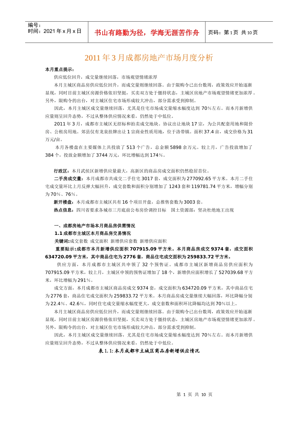 XXXX年3月成都房地产市场月度分析_第1页