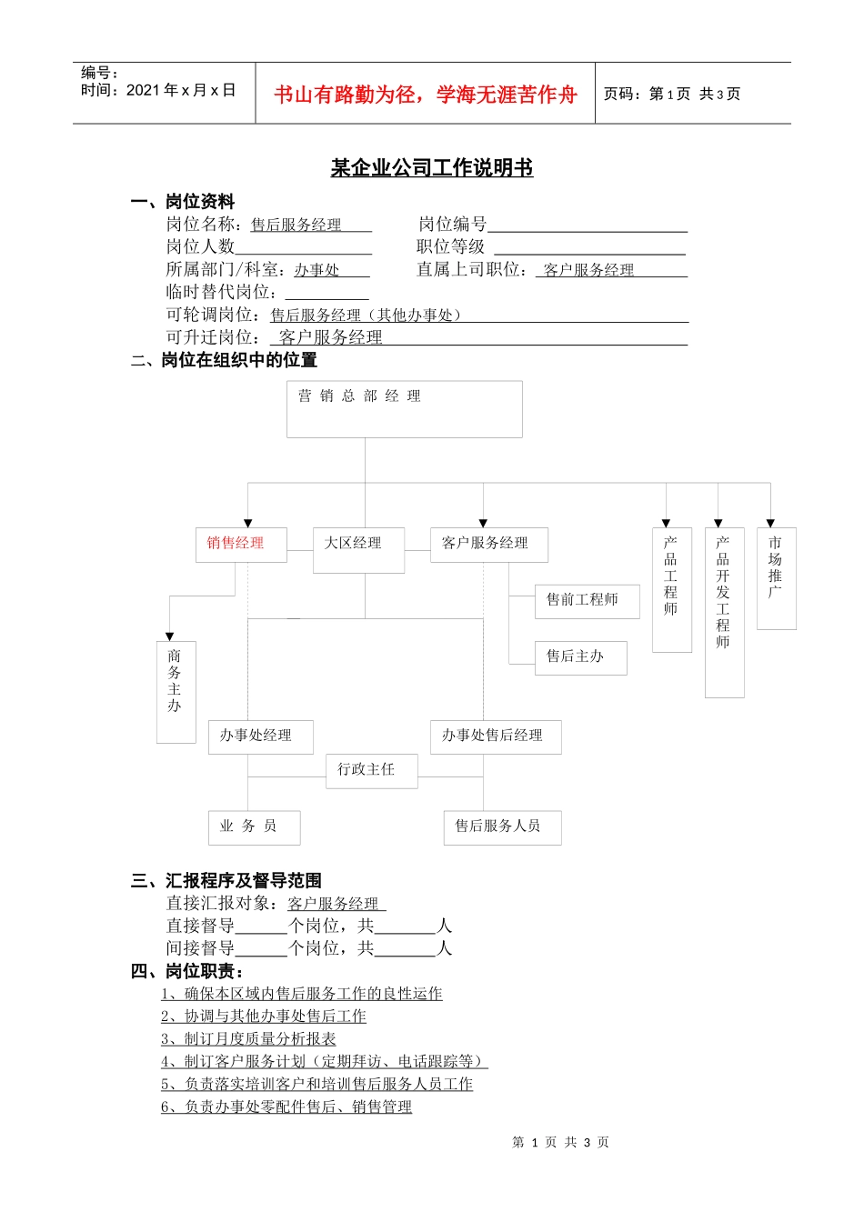 【职位描述】工作说明书-售后服务经理_第1页