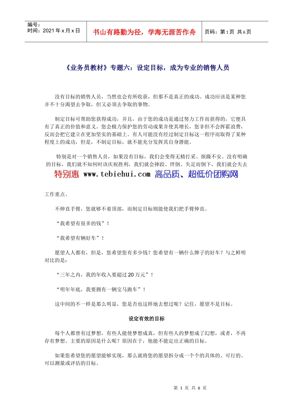 业务员教材专题六设定目标成为专业的销售人员_第1页