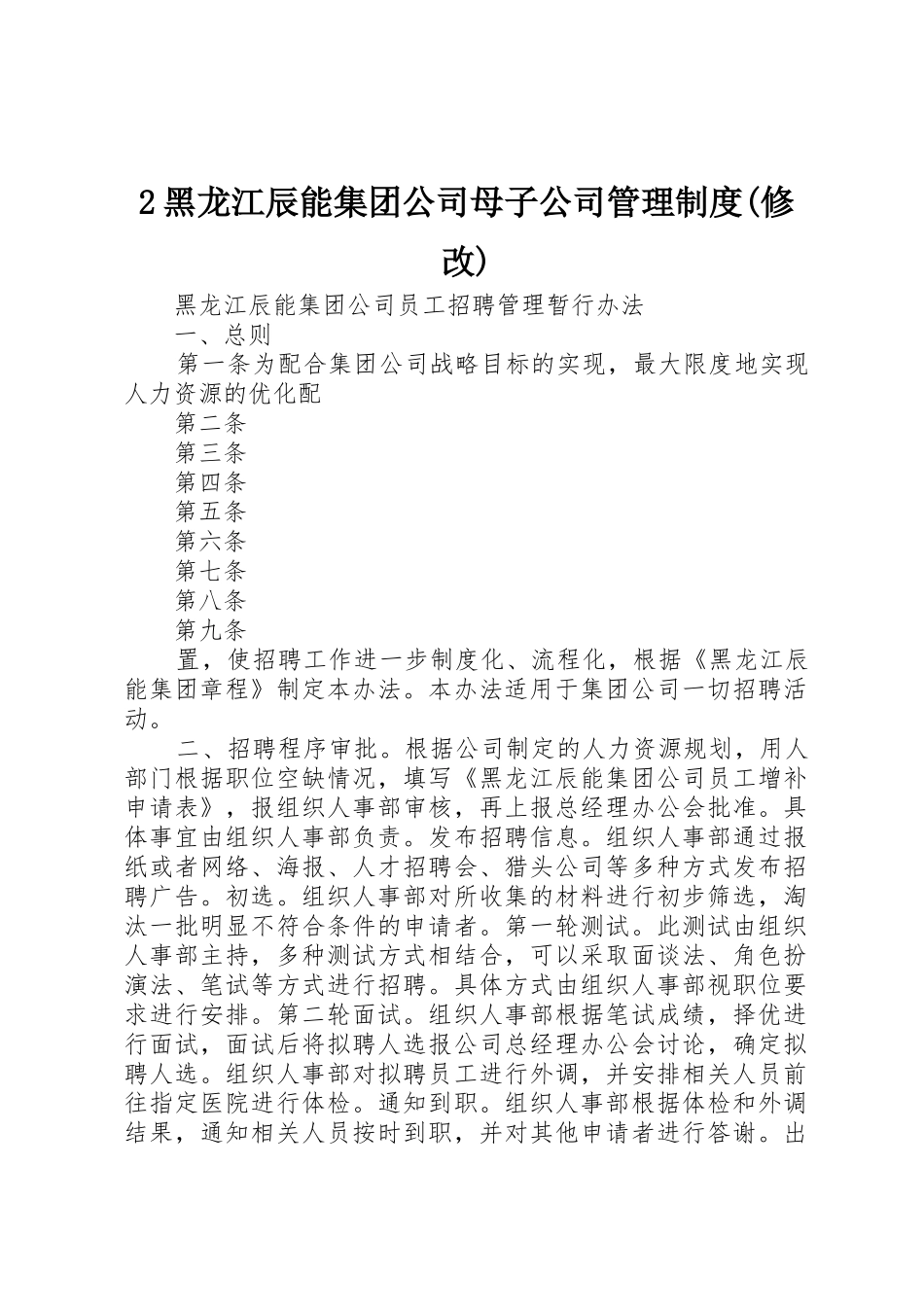 黑龙江辰能集团公司母子公司管理规章制度细则(修改)_第1页